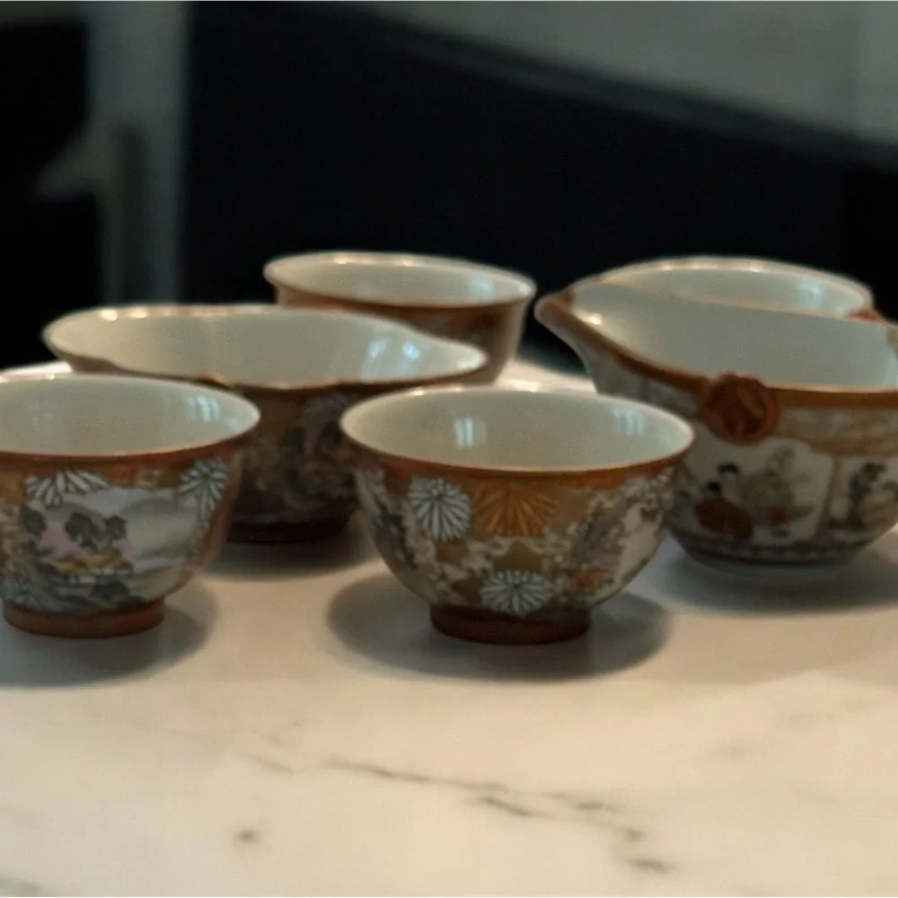 Japanese Kutani Tea Pourer Bowl With Set of Decorative Ceramic Tea Cups Vintage - Picture 3 of 9
